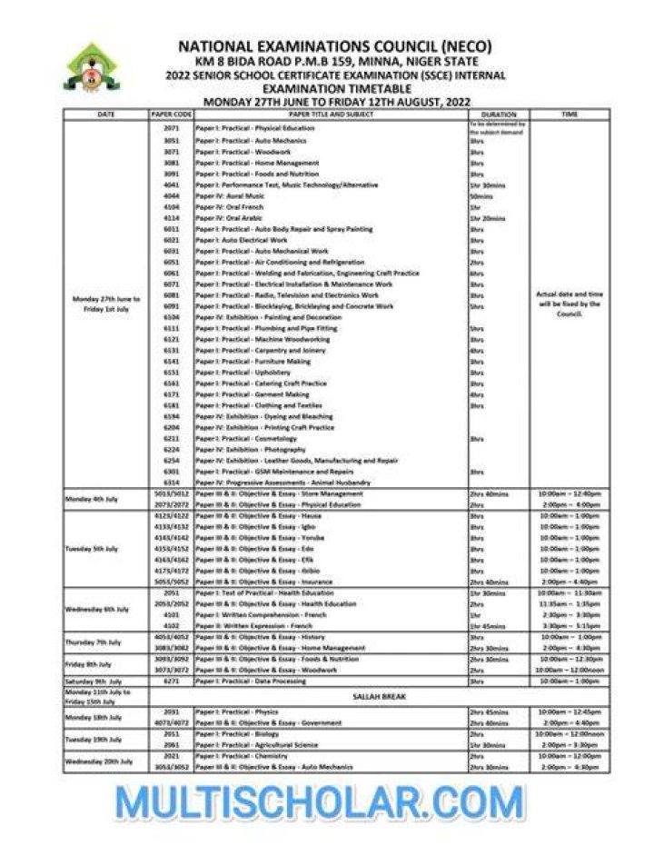 NECO Timetable 2023/2024 PDF Download for SS3